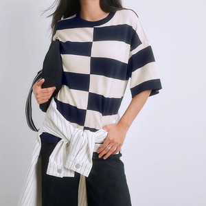Casual Daily Top Women Crew Neck Drop Shoulder Half Sleeve Tee Loose Trendy Minimalist Patchwork Big Check Oversized T-Shirt