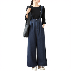 Vintage Denim Overalls Women's Loose Autumn New Korean Style Age-reducing Regular Medium Wash Jumpsuit High Waist Wide-leg Pants