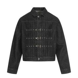 Custom Factory OEM Men's Ornate Denim Jacket Black Vintage Washed Metal Buckle studded Streetwear Coat