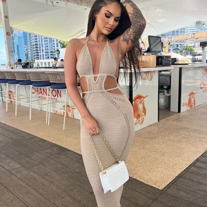 Women's Elegant Summer Beach Cover Ups Open Back Sleeveless Crochet Strapless Floor-Length Knitted Cover Ups Plain Dyed Elegant