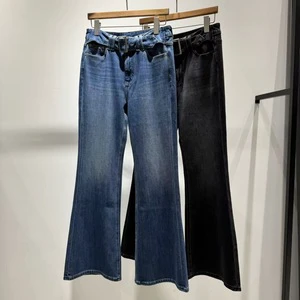 Vintage High-Waisted Boot Cut Denim Jeans Built-in Belt Skinny Fit Light Wash Breathable Slimming Cheek-Lifting Bold Sweet