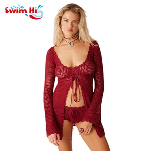 Custom 100% Polyester Quick Dry Crochet Beach Cover up for Beach Vacation Solid Color Women Knitted Hollow-out Bikini Cover up