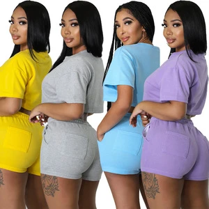 Custom LOGO New Design Summer 2024 Women Clothing Casual Solid Color Jogger Biker Shorts Set Crop Top Two Piece Set