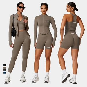 Women Seamless Slim Fit Yoga Set Sports Bra Tank Top Vest High Waist Leggings Biker Shorts Zipper Jacket Coat Fitness Gym Set