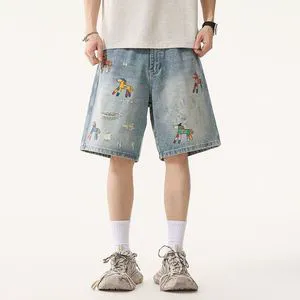 Men's Trendy Brand Summer Denim Shorts Large Size Loose Straight Tube Mid Waist Retro Washed Relaxed Comfort Style
