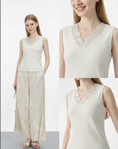 Scalloped Edge Lace EmbroideryWholesale French Style Women's Scalloped Edge V-Neck Button Down Tank Top Elegant Cream Waistcoat