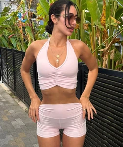 OEM Sproptwear Supplier Women's Fitness Yoga Set Custom logo Halter Ruched Bra High Waist Leggings Activewear Sets