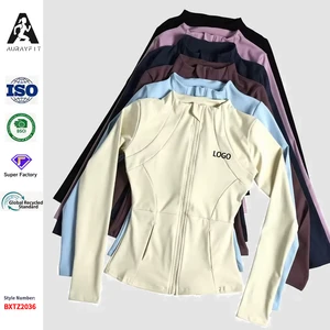 Custom Breathable Gym Fitness Structure Zip up Yoga Jacket Active Stretchy Soft Tight Pockets Active Workout Jackets