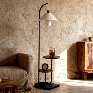 Wholesale Factory Price Wooden And Metal Standing Floor Lamp With Shelves And Fabric Shade For Living Room Bedroom Bedside