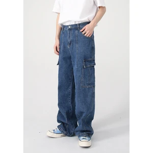 Men's Women's Streetwear Wide-leg Work Pants Retro Trendy Denim Trousers Button Decoration Breathable Slimming for Spring Season