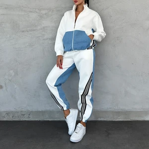 ODM Autumn Two-Piece Sports Suit Loose Casual Wide Leg Sweat Pant with Zipper Decoration Jacket Contrasting Color Print Pattern