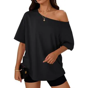 Womens off the Shoulder Tops Oversized T-Shirt Short Sleeve Casual Summer Clothes Soft Knit Standard Type Top