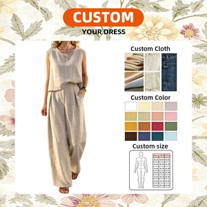 Women's Set Vintage Spring Summer ODM Casual Regular Fit Solid Linen Garment Dyed Eco-Friendly Tank Top Wide-Leg Pants