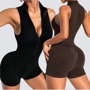 Yimo Women Zip Scrunch Butt Thick Yoga Short Bodysuit Lady Sleeveless Gym Outdoor Overall Female Tight Sports Jumpsuit