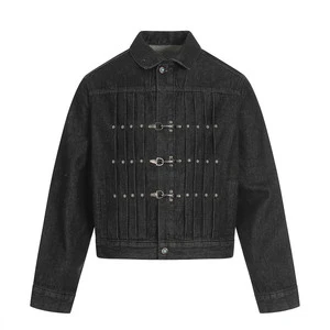 American Retro Denim Jacket Men's Hip-Hop Trendy Heavy Metal Aircraft Buckle Designer Pleated Short Coat Color Fade Proof