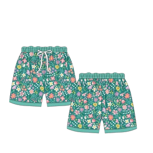 New Designs Floral Printing Boys Drawstring Swim Trunks