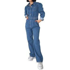 Elegant Loose Fit Belt Waist Button Closer Female Wash Denim Women Jumpsuit High Waist Bodysuit Shorts Breathable Jeans Pants
