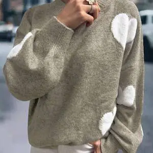 Hot Sale Romantic Heart Print Casual Autumn Knitwear Street Fashion Daily Life Best Selling Grey White Cozy Knitted Pullover Top