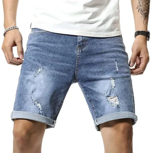 Men's Blue Denim Shorts 100% Cotton Rugged Mid Waist Relaxed Fit Distressed Style Denim Shorts in cheap price