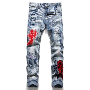 Casual Vintage Printed Men's Jeans Plus Size Loose Fit Mid Waist Softener Woven Light Stonewashed Hip Hop Button Streetwear for