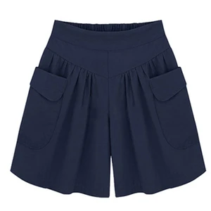 M-6xl 2025 Women Summer Shorts Elastic Waist Big Pockets Plus Size Loose Wide Leg Solid Color Lady Girls Casual A-line Shorts