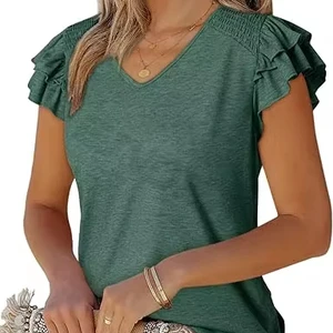 Elegant Women's Casual Knit Tops - Ruffle Sleeve Solid Color Ribbed T-Shirts Blouses