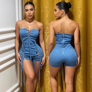 Summer Fashion Denim Bodycon Romper Sexy Backless Strapless Tie-Up Women Denim Shorts Jeans Jumpsuit