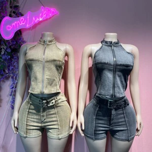 New Denim Shorts Set in Stock, Hot Selling Cross-border European and American Long Sleeved Elastic Shorts Belt Set