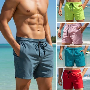 Custom Logo Breathable 4-Way Stretch Solid Swim Trunks, Quick Dry 4 Inch Loose Beach Shorts for Men