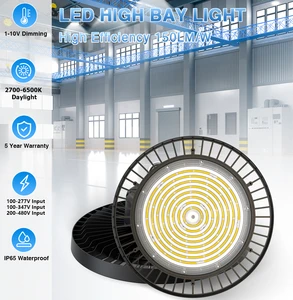 USA DLC ETL Listed 1-10V Dimmable IP65 Aluminum LED UFO High Bay Fixture 60-240W 150LM/W Commercial Workshop Highbay Lighting