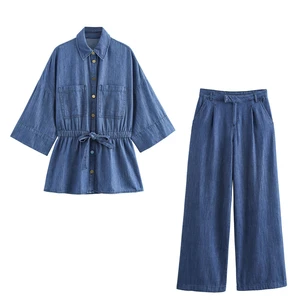 Factory Direct Sale Women's Skinny Casual Solid Denim Set Breathable Eco-Friendly Quick Dry High Quality 2-Piece Summer 100%