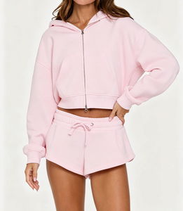 High Quality Women 2 Piece Set Custom Crop Top Women Hoodies & Elastic Waist Shorts Above Knee Knitting Fabric