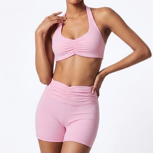 Custom Logo Womens Yoga Set Halter Ruched Sports Bra High Waist Scrunch Shorts Buttery Soft 2 Piece Activewear Gym Fitness Set