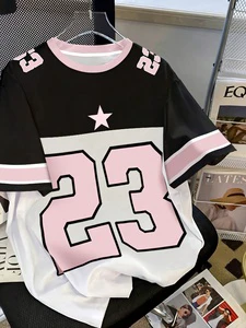 Women'S Plus Size Casual Digital Printed Number 23 T-Shirt-Breathable Anti-Pilling 150g Polyester Short Sleeve Crew Neck White