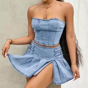 Hot Sale High Quality Women's Denim Suit Sexy Neckline Strapless Crop Top Pleated Mini Skirt Acid Wash Faded Denim Women's Suit