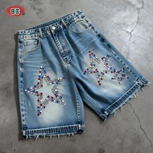 Men's Baggy Denim Shorts Custom Rhinestone Fashion High Street Style Washed Denim Distressed Vintage Jeans Shorts for Men