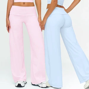 Women High Waist Fold Over Straight Leg Pants Custom Long Length Loosen Outdoor Running Gym Flared Leggings