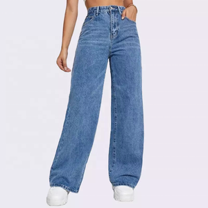 Custom Women's Jeans Washed Blue High Waist Fashion Casual Hot Sale Wide Leg Jeans