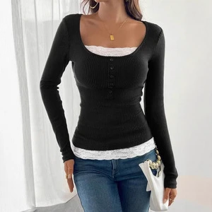Single-breasted Slim-Fit Long-Sleeve Top Lace Detailing Square Collar Color Blocking Design-Spandex/Polyester Elegant 1100