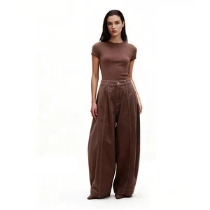 Vintage Brown Barrel Leg Breathable Solid Women High Waist Horseshoe Denim Jeans Casual Loose Curved Leg Balloon Trousers Washed