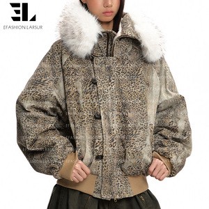 LARSUR Custom Denim Factory Leopard Washed Cotton Twill Bomber Jacket With Fur Collar Biker Racing Motorcycle Jean Jacket Women