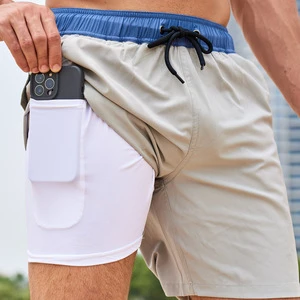 Manufactory Custom Style or Logo ODM Mens Compression Liner 2 in 1 Solid Beach Swimming Trunks Swim Shorts with Pockets