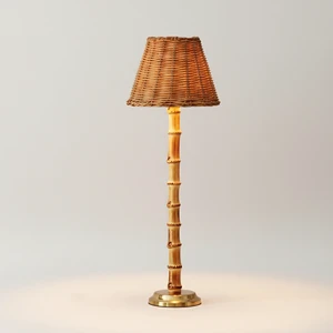 Classic Bamboo Pole Table Lamp Cordless Rechargeable Natural Rattan Weave LED Touch Control Dimmable Lampshade for Restaurant