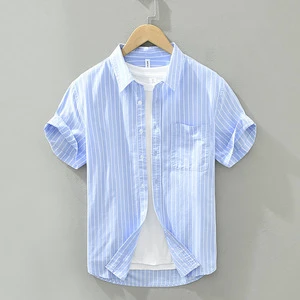 Men's Summer Casual Short Sleeve Shirt 100% Cotton Striped Blouses Turn-down Collar Single Breasted Comfortable