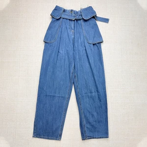 Designer Custom Women High Waist Balloon Jeans with Belt Vintage Blue Denim Pleated Straight Casual Summer Trousers