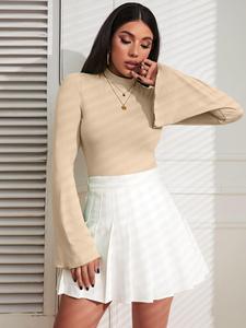 Women Mock Neck Long Bell Sleeve Slim Fit Solid Basic Tops Ladies Elegant Casual Blouse Multiple Colors