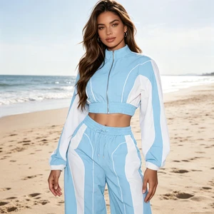 Custom Color Block Polyester Nylon Zip Up Cropped Running Windbreaker Tracksuit Set For Women
