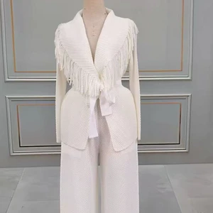 New Arrival Pleated Miyake Two-Piece Suit Casual Office Clothing Fringe Solid Color Straight Pants Plus Size Women'S Sets
