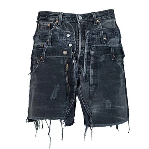 XUCHANG Designer High Quality Triple Waist Custom PatchWork Jean Shorts Raw Edge Distressed Vintage Washed Denim Men Jorts