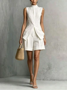Flowy Cotton Linen Shirt Solid Color Fashionable Elegant Sleeveless Shorts Setfabric